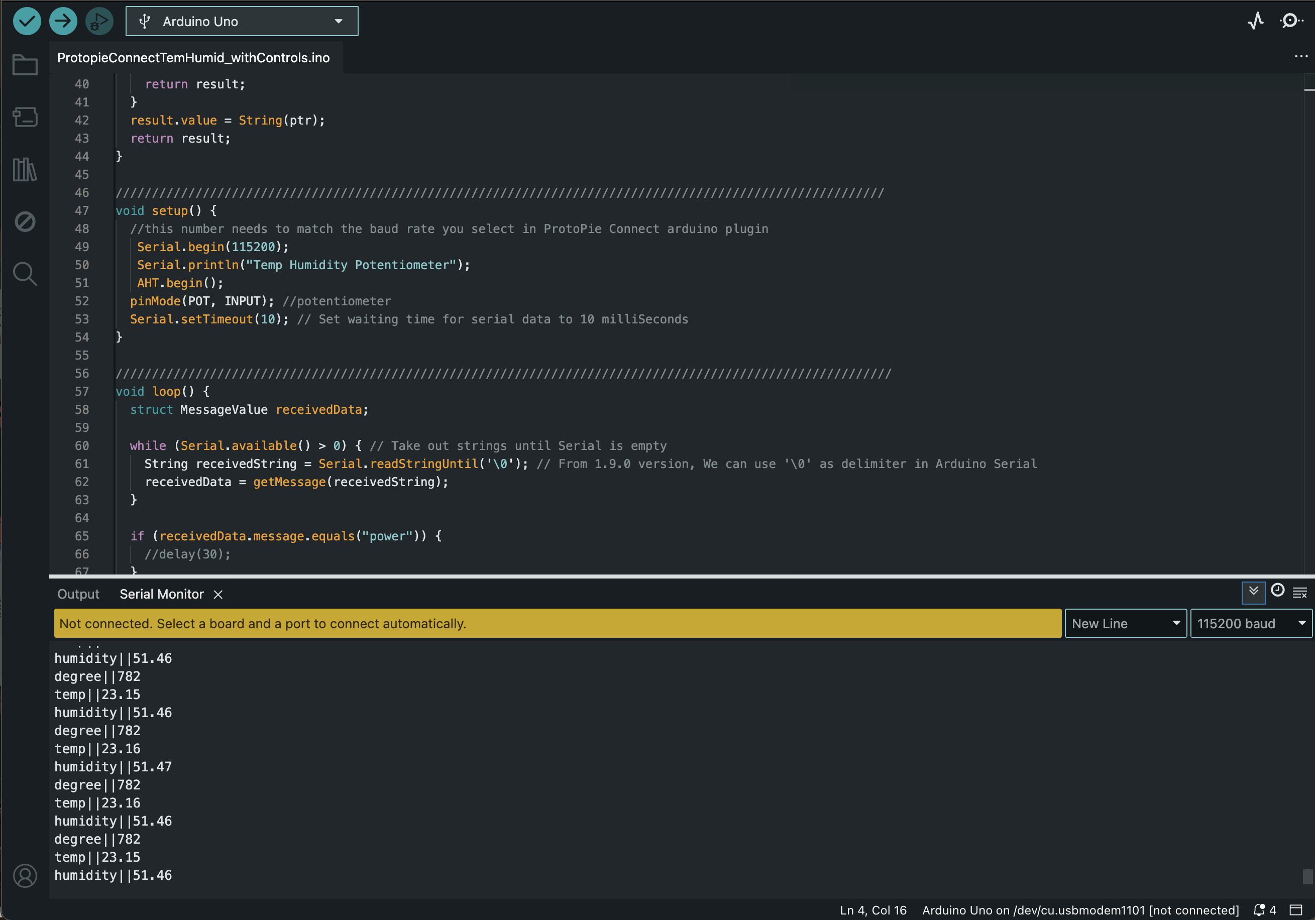 In this image we have the code resonding to when the ardino was properly connected into my computer and the baud was changed to the right number