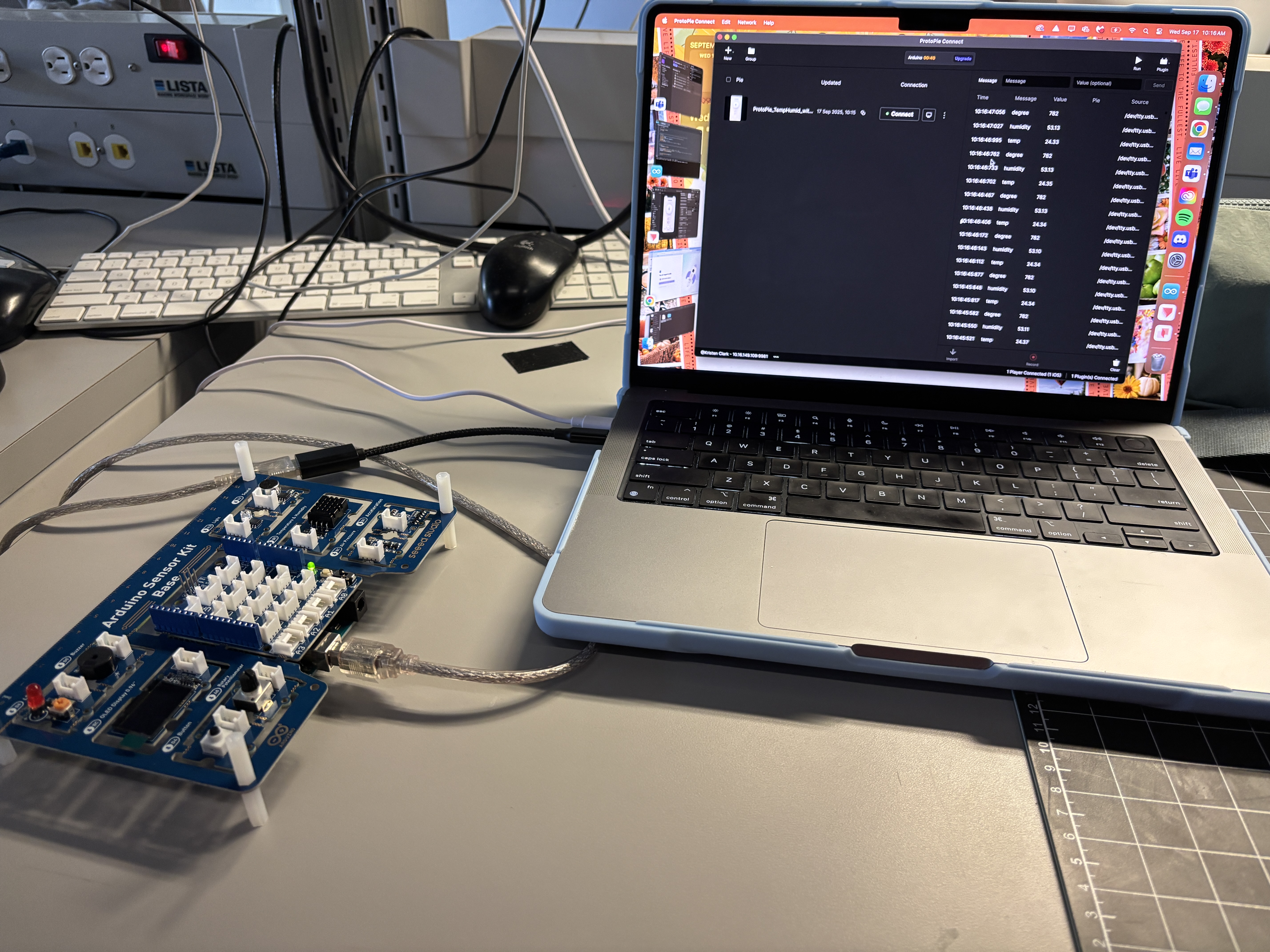 An image of the arduino conected to my computer and the file uplaoaded to protopie so that I cna test to see if it works
